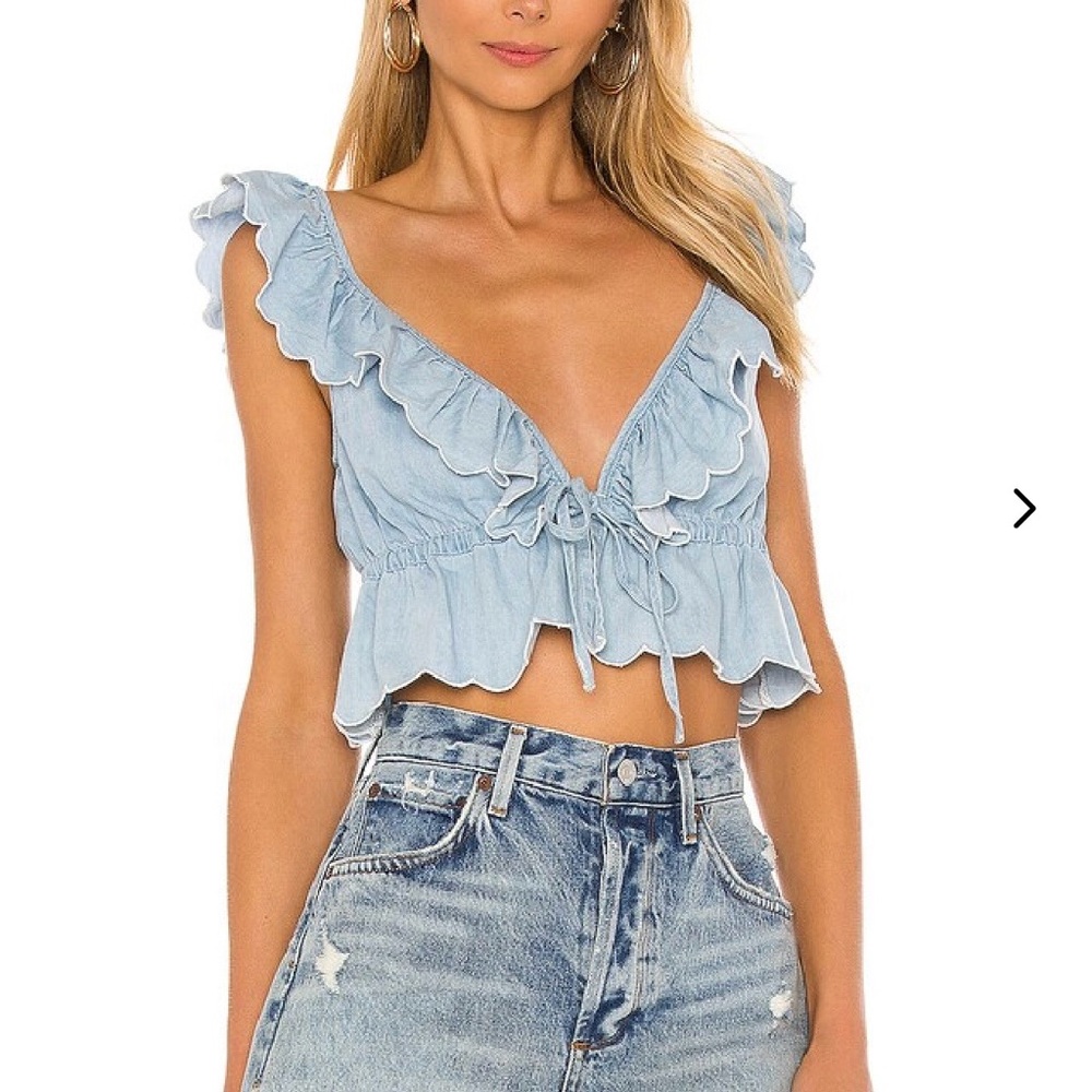 Lovers + Friends Light Blue Ruffle Tie-Front Crop Top
